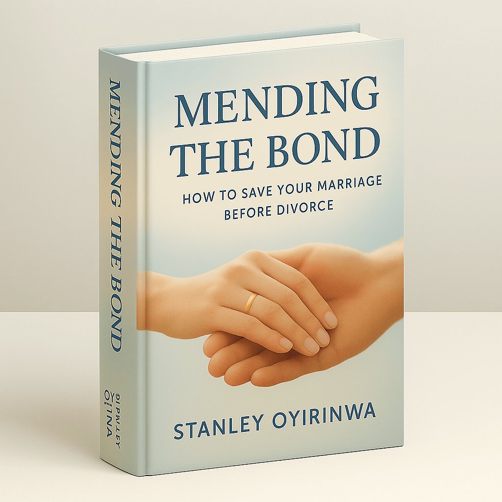 Mending The Bond — a physical book standing upright, by Stanley Oyirinwa